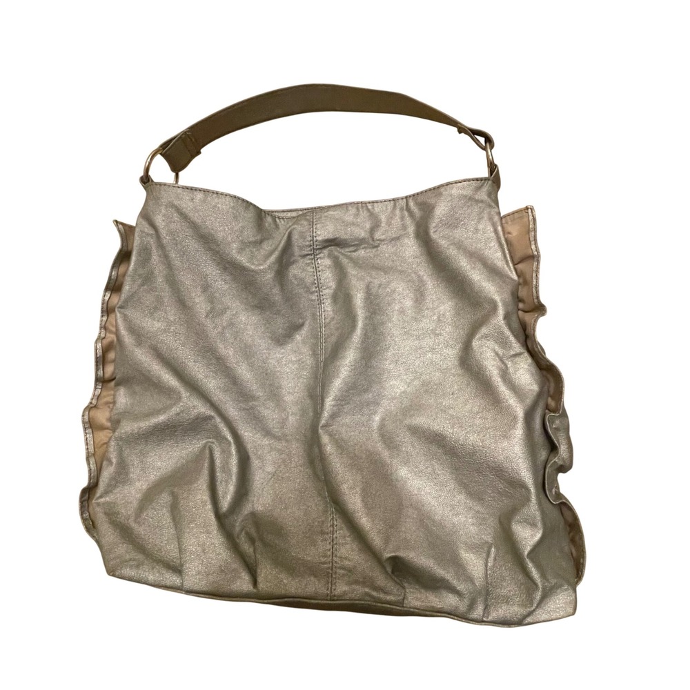 Fashion‎ Express Silver Metallic Hobo Bag Ruffle Trim Shoulder Bag Purse Large
